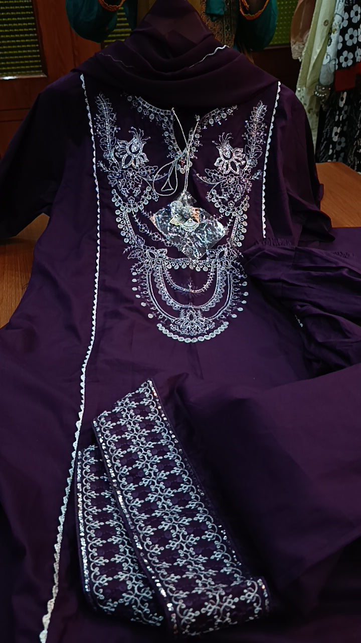 3pc purple Farshi set cotton lawn