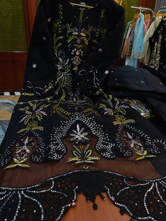 3pc Kehkashan black cotton lawn