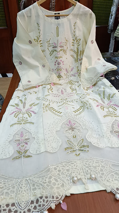 3pc Kehkashan white cotton lawn