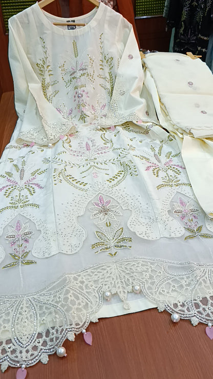 3pc Kehkashan white cotton lawn