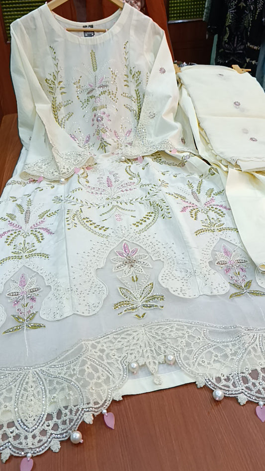 3pc Kehkashan white cotton lawn